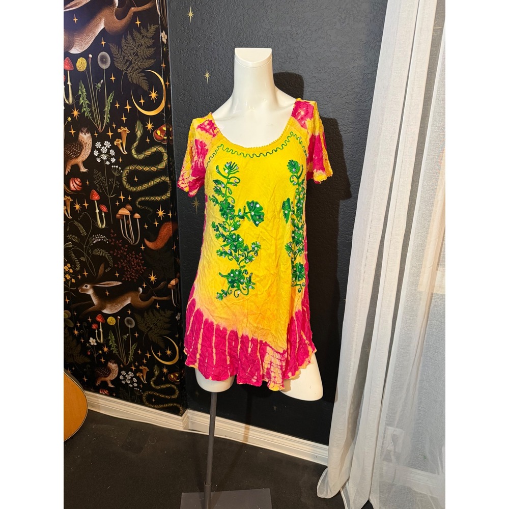 Sunflower Tie Dye Tunic Top Yellow Pink Floral Embroidered Sequin Boho Womens